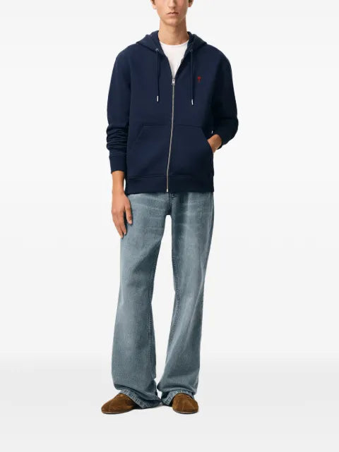 AMI Paris blue zipped cotton hoodie with Ami de Coeur