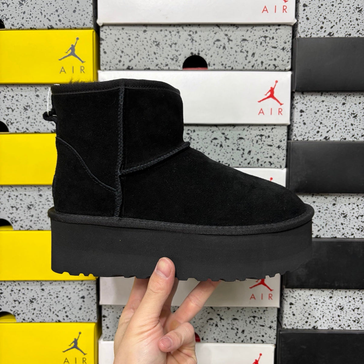 UGG Kallen Platform Ankle Boot – Suede Boot with Tonal Black Shearling Lining, Cord Lace Detail & All-Black Chunky Platform Sole in Black