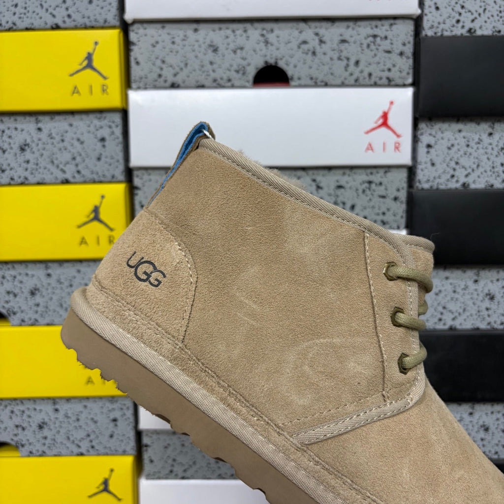 UGG Lace-Up Suede Ankle Boot with Gold Eyelet Hardware, Blue Pull Tab & Chunky Lug Sole in Sand