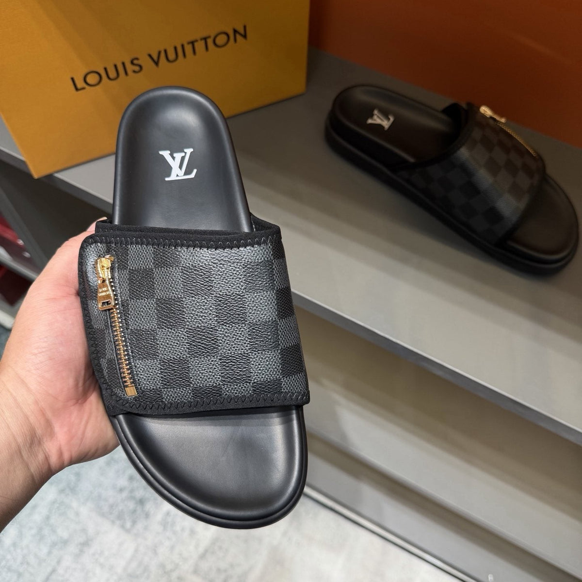 Louis Vuitton Checkered Zipper Slide Sandals
