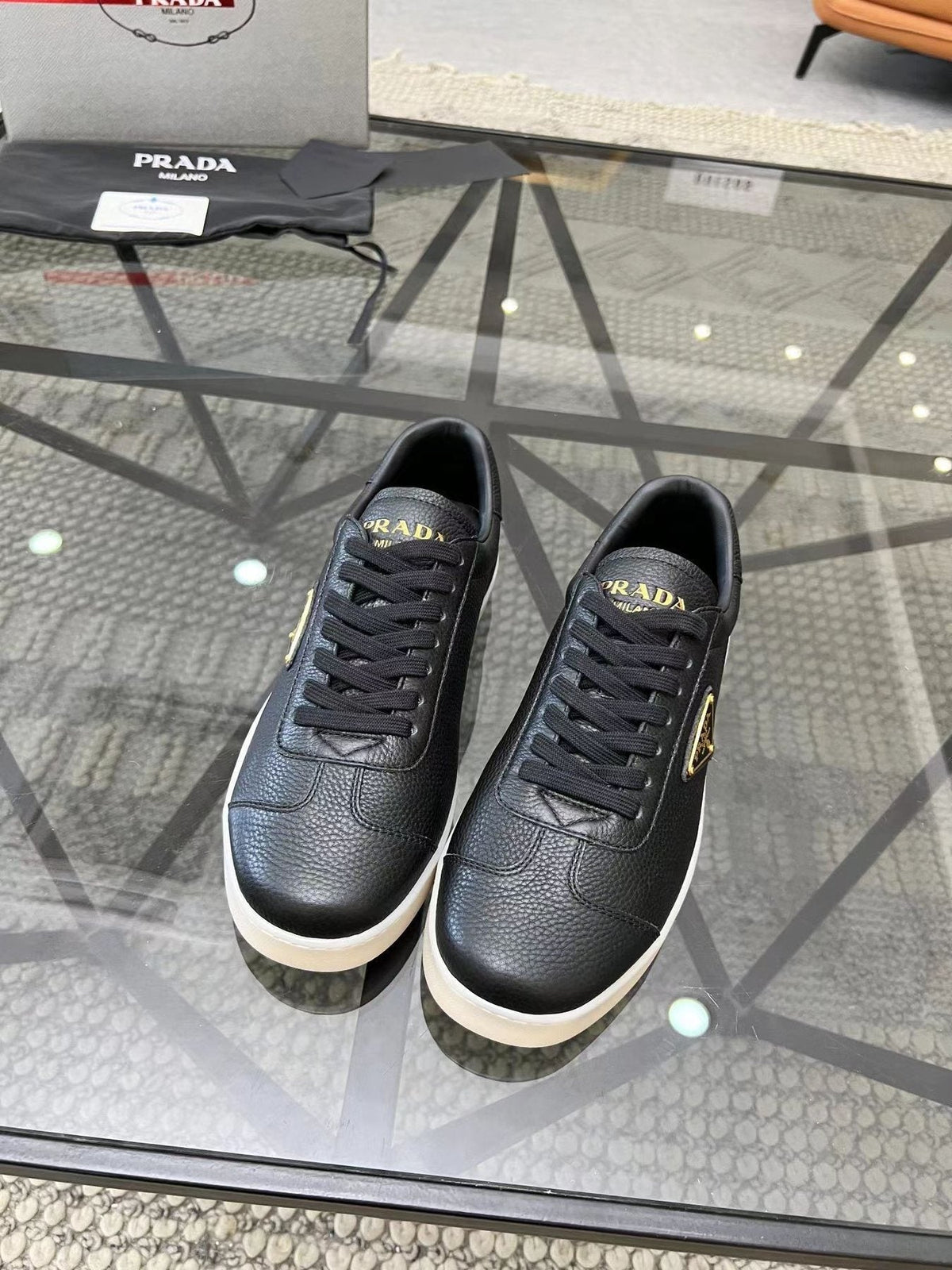 Prada Men's Gold Accent Low-Top Sneakers